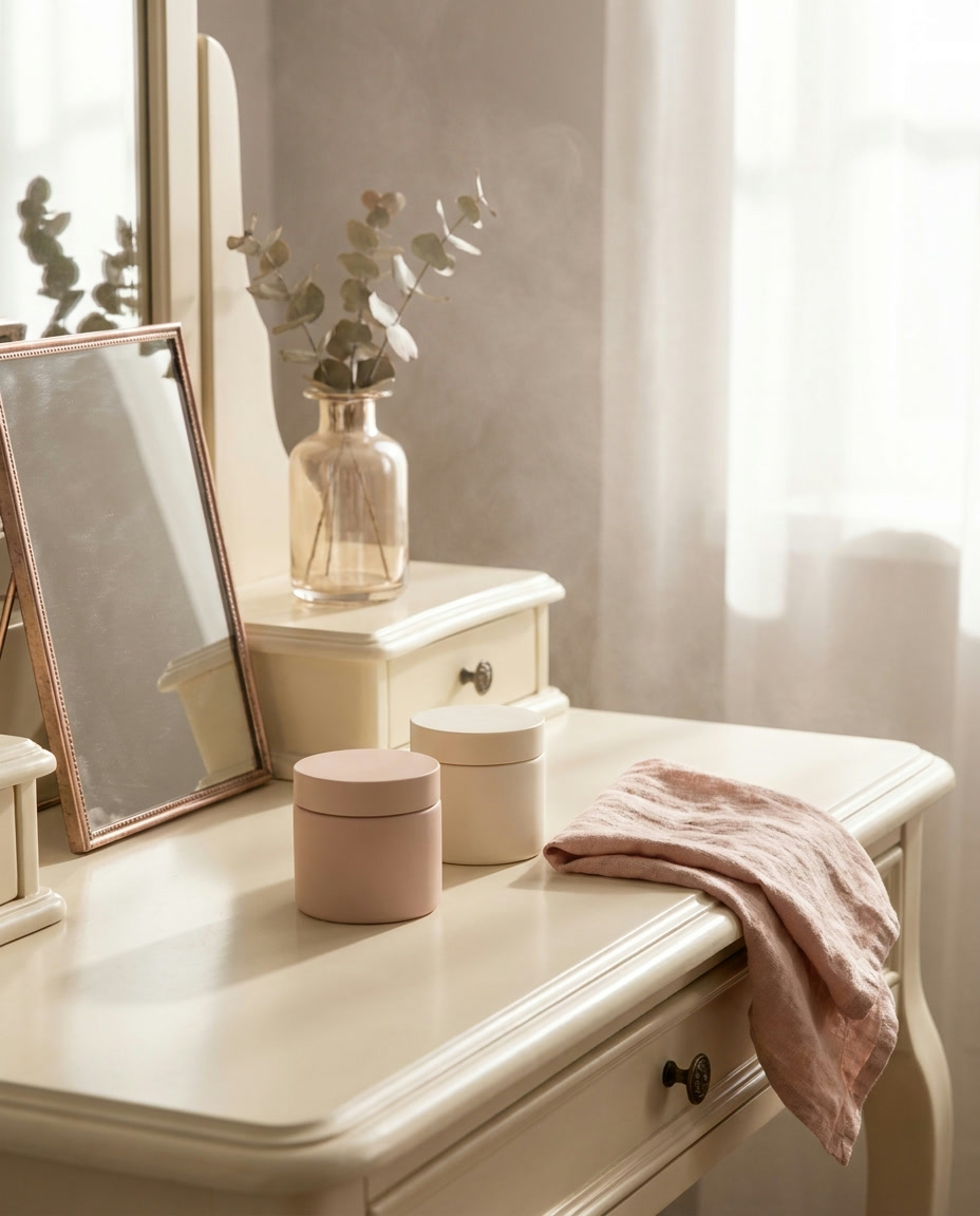 Soft morning light on a calm dressing table with skincare in ivory tones