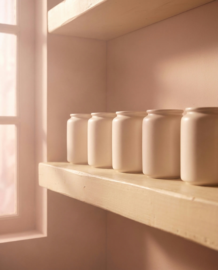 A calm row of unbranded cream jars in soft rose light