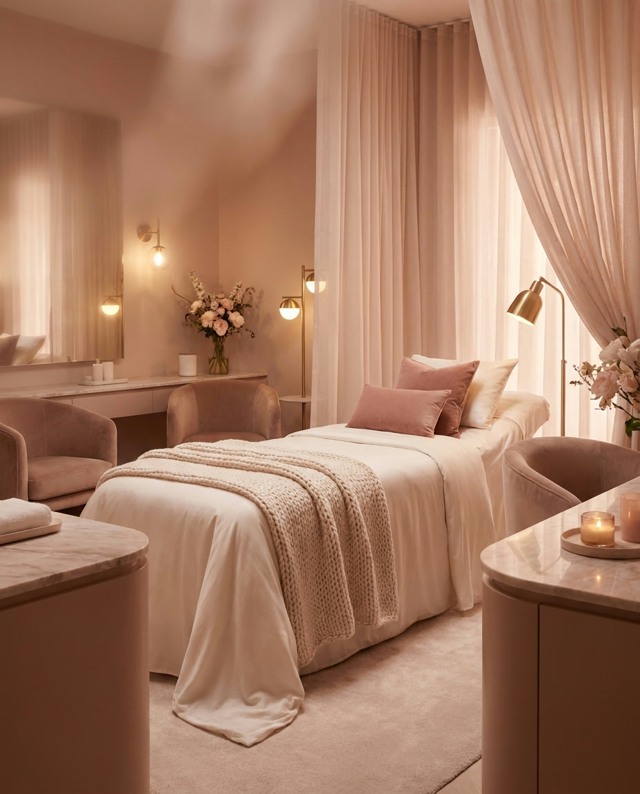 A professional treatment room in nude and rose tones, no people